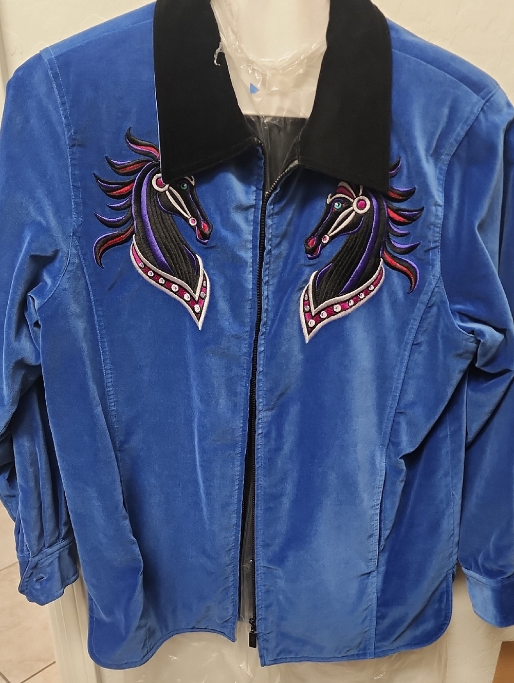 Bob Mackie Blue Velvet Jacket with Embroidered Horse Motif